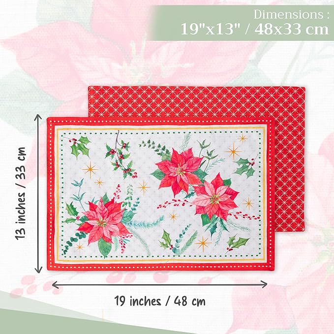 Maison d' Hermine Placemats Set of 4 100% Cotton Washable Cloth Place Mats, Reusable Table Mats for Thanksgiving Christmas Decorations Kitchen Dining Party Wedding (Poinsettia Christmas, 13" x 19")