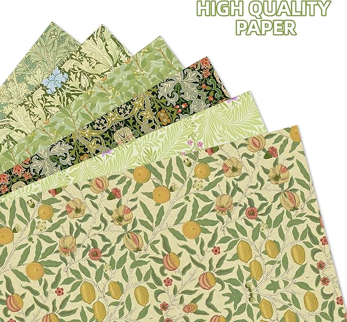 12 Sheets William Morris Wrapping Paper William Morris Gift Wrap Paper Vintage Floral Gift Wrapping Papers Green Vines and Flowers Art Papers for DIY Crafts Birthday Gift Packing Favors, 20x27 Inch