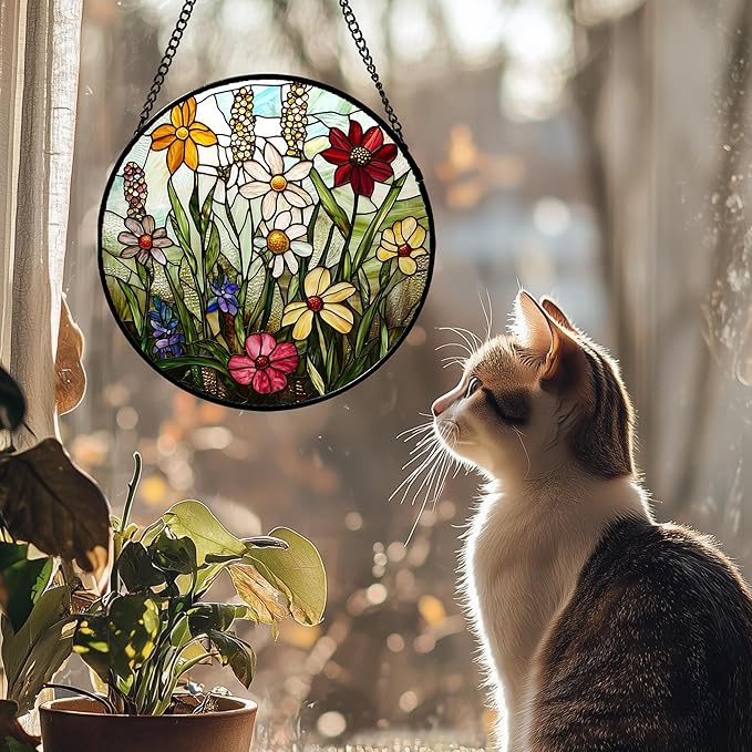 Stained Glass Window Hanging, Colorful Wildflowers Plant Scenery Suncatcher for Doors Window Home White Green Sun Catchers Decor Mother's Day Birthday Gifts for Women, Men Mom 15 in