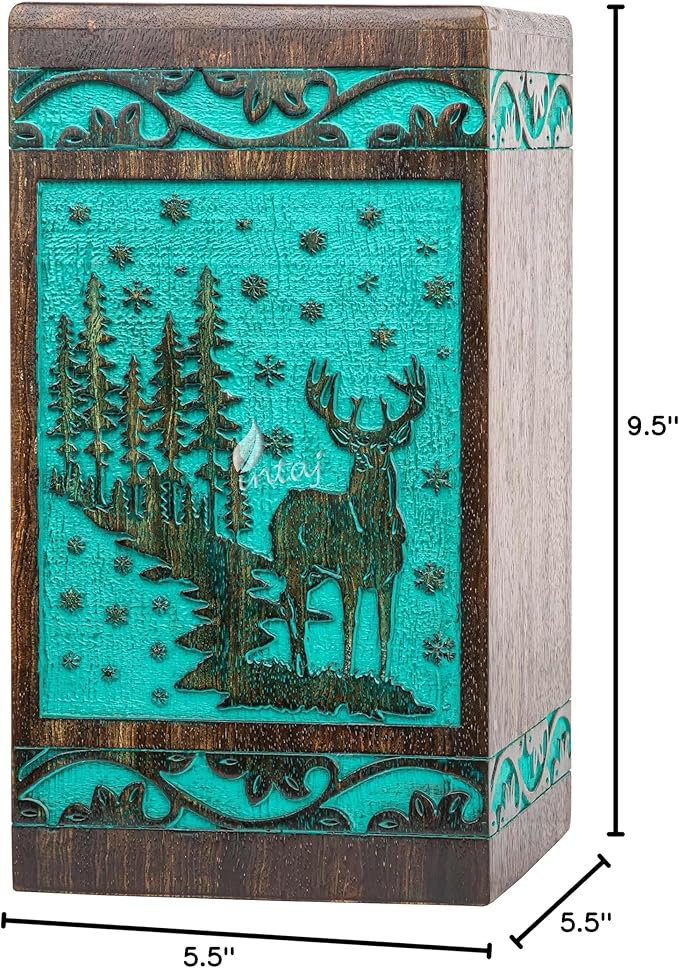 INTAJ Handcarved Rosewood Teal Green Deer Urn for Human Ashes Adult Male Female - 180 lbs Forest Wooden Cremation Urn Box Suitable for Burial Funeral Decorative Wildlife Memorial Casket