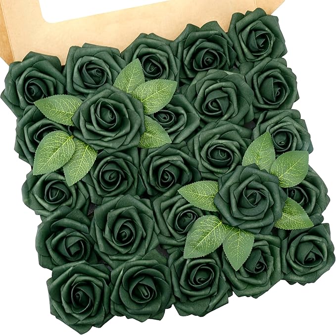 Artificial Flowers, 25pcs Hunt Green Artificial Roses Flowers with Stems Real Touch Fake Roses for DIY Wedding Bouquet Centerpiece Bridal Shower Baby Shower Home Decoration