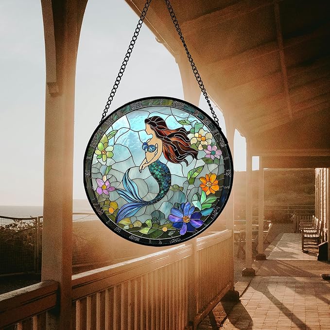 Stained Glass Window Hanging - Light Blue Mermaid Suncatcher for Door Terrace Garden Home Decor, Ocean Flowers Sun Catcher Birthday Gifts for Lovers Women Men Dad Mom Nana 15 in