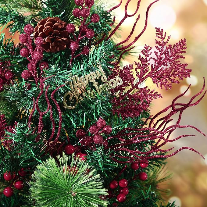 75 Pcs Christmas Glitter Branches 3 Styles Artificial Christmas Picks Berries Stems Pine Needles Floral Twig Spray for Xmas Tree Ornaments DIY Wreath Garland(Burgundy)