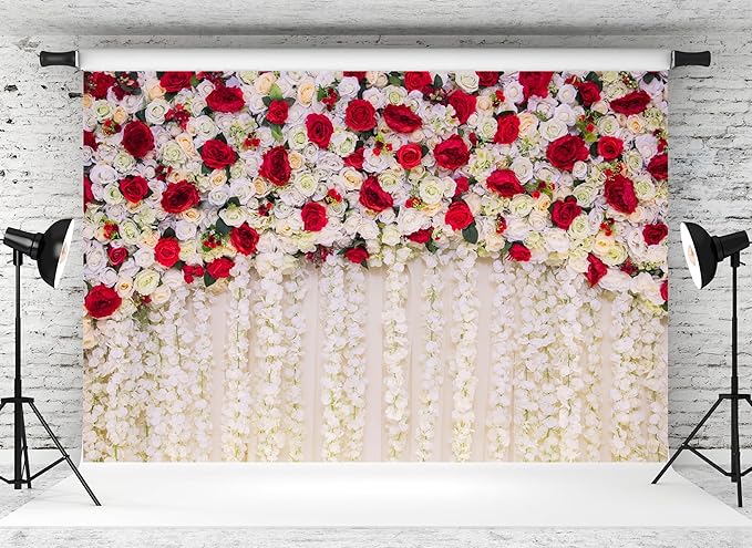 MAEQLQLM 8x6ft Wedding Flower Wall Backdrop Romantic Red White Floral Wall with Hanging Flowers Photography Background for Wedding Party Decor Bridal Shower Photo Booth Props