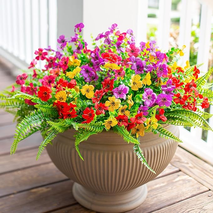 HyeFlora Artificial Faux Outdoor Flowers Plants for Summer Outside Decoration, 14 Bundles Fake Silk Colorful Daisy Ferns UV Resistant Realistic for Front Door Porch Planter Patio Yard
