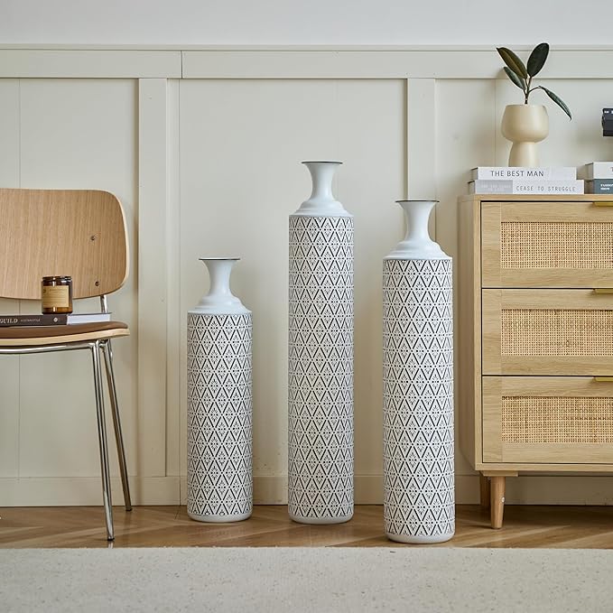 Floor Vases, Tall Home Decor Metal Vase Set of 3 Large Glazed Decorative Vases for Wedding Decor, Elegant Modern Flower Holder for Living Room, Entryway, Hallway, Dining Room