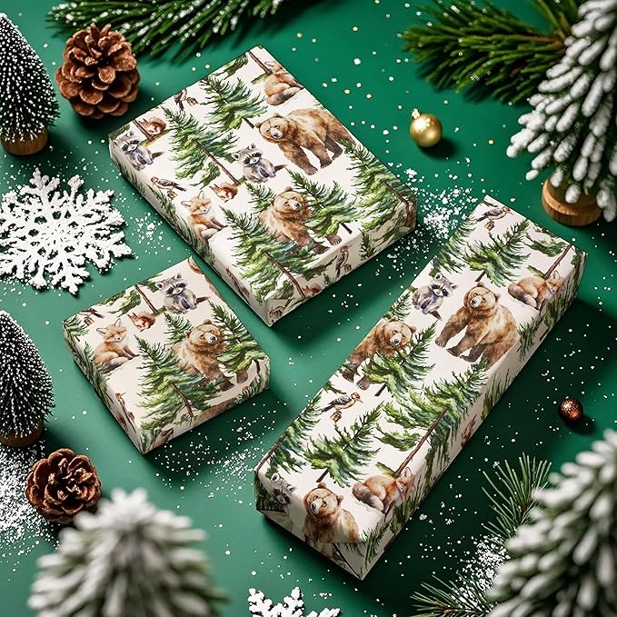 WRAPAHOLIC 30 Inch Jumbo Kraft Christmas Wrapping Paper - 30 Inch x 100 Feet Jumbo Roll White Wild Animal Winterfall Watercolor and Christmas Tree Wrapping Paper Perfect for Holiday, Party
