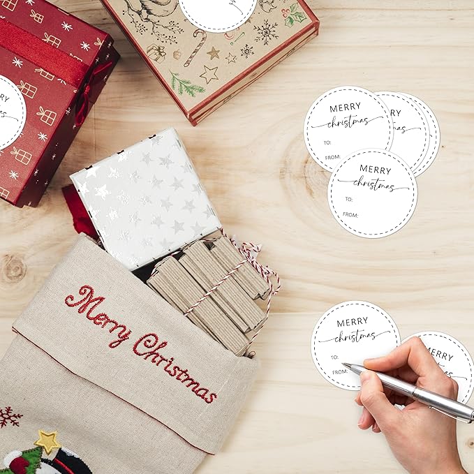 Black Merry Christmas Gifts Tags Stickers, 30 Pcs Christmas Name Tags for Gifts, 2.5x2.5 Inch Holiday Presents Sticker Labels, Festive Chrismas Name Tag for Gift Wrapping Bags Classroom-D25