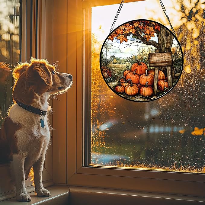 Stained Glass Window Hanging Fall Farm Scenery Maple Trees Pumpkin 7.8" - Suncatcher Door Garden Kitchen Sun Catcher Autumn Decor Birthday for Mom Nana Men Woman Friend