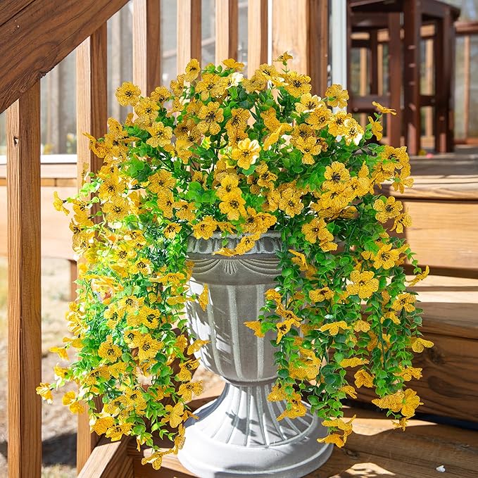 INSPRING Artificial Flowers Fall Faux Outdoor Outside Plants, 2 PCS Fake Silk UV Resistant Look Real Yellow Daisy Trailing Vines for Front Door Porch Planter Urn Patio Balcony Decoration