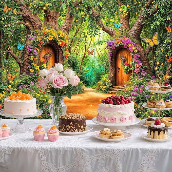15X10ft Enchanted Forest Backdrop Fairy Tale Green Garden Wonderland Tree House Floral Butterfly Background for Kids Girl Baby Shower Birthday Party Decoration Banner Cake Table Photo Booth Props