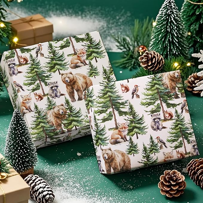 WRAPAHOLIC 30 Inch Jumbo Kraft Christmas Wrapping Paper - 30 Inch x 100 Feet Jumbo Roll White Wild Animal Winterfall Watercolor and Christmas Tree Wrapping Paper Perfect for Holiday, Party