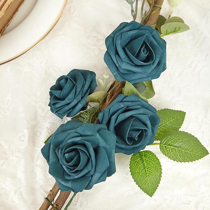 Artificial Flowers, 100pcs Artificial Rose for DIY Wedding Bouquets Centerpieces Arrangements, Dark Teal Fake Rose with Stems for Birthday Bridal Shower Graduation Events Decoration