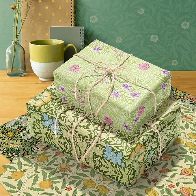12 Sheets William Morris Wrapping Paper William Morris Gift Wrap Paper Vintage Floral Gift Wrapping Papers Green Vines and Flowers Art Papers for DIY Crafts Birthday Gift Packing Favors, 20x27 Inch