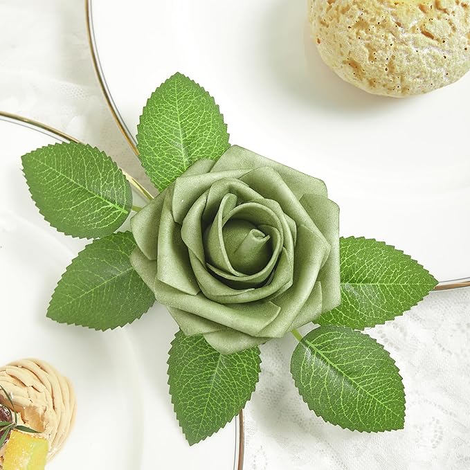 Artificial Flowers, 25pcs Artificial Rose for DIY Wedding Bouquets Centerpieces Flowers Arrangements, Elf Green Fake Flowers with Stems for Bridal Shower Graduation Events Decoration
