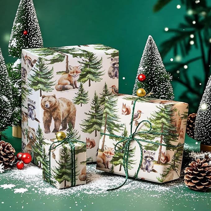 WRAPAHOLIC Kraft Christmas Wrapping Paper - Mini Roll - 17 Inch x 33 Feet - White Wild Animal Winterfall Watercolor and Christmas Tree Wrapping Paper Perfect for Holiday, Party