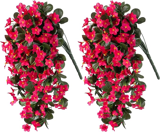 Artificial Faux Hanging Flowers Plants for Outdoor Outside Fall Decoration, 2 PCS Fake Silk Hotpink Daisy Mums Long Vines UV Resistant Realistic for Home Porch Patio Balcony Window Planter Pot
