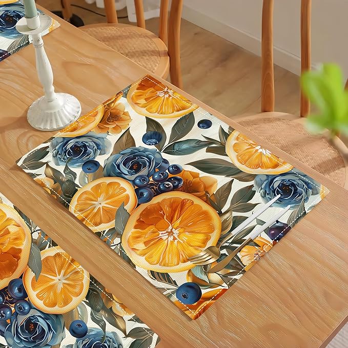 Orange Placemats Set of 6 Fruit Blueberry Rose Leaf Table Mats Washable Place Mats for Home Party Indoor Kitchen Dining Table Decoration 12x18 Inch
