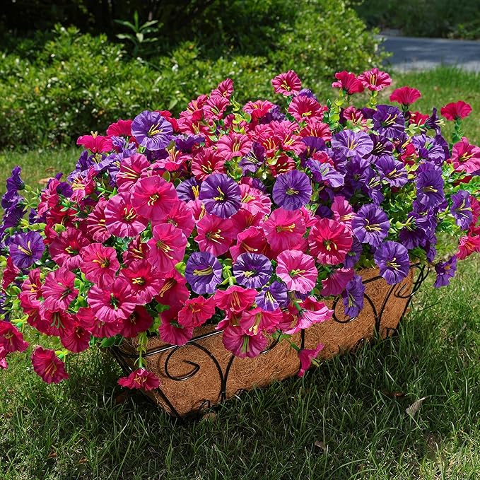 HyeFlora Artificial Flowers for Outdoors Fake Plants Outside Decoration, 12 Bundles Silk Colorful Morning Glory with Eucalyptus UV Resistant Realistic Faux Flowers for Planter Porch Patio Yard Garden