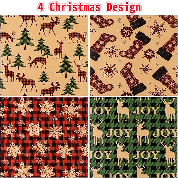 Christmas Wrapping Paper, Holiday Kraft Gift Paper (4 Rolls: 148 sq. ft. ttl) - Red/Green and Black Plaid Grid Patterns, Stockings Snowflakes Pine Tree and Reindeer - 30 inches x 14.8 feet Per Roll