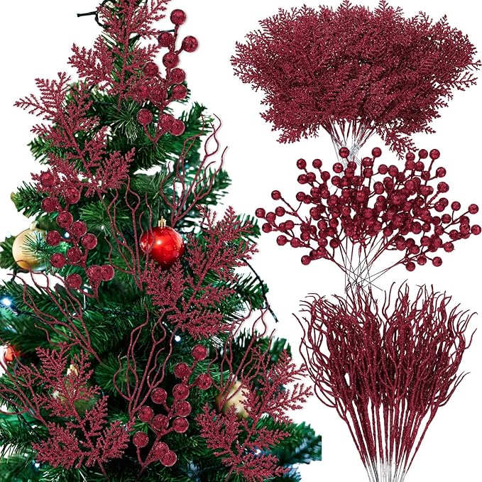 75 Pcs Christmas Glitter Branches 3 Styles Artificial Christmas Picks Berries Stems Pine Needles Floral Twig Spray for Xmas Tree Ornaments DIY Wreath Garland(Burgundy)