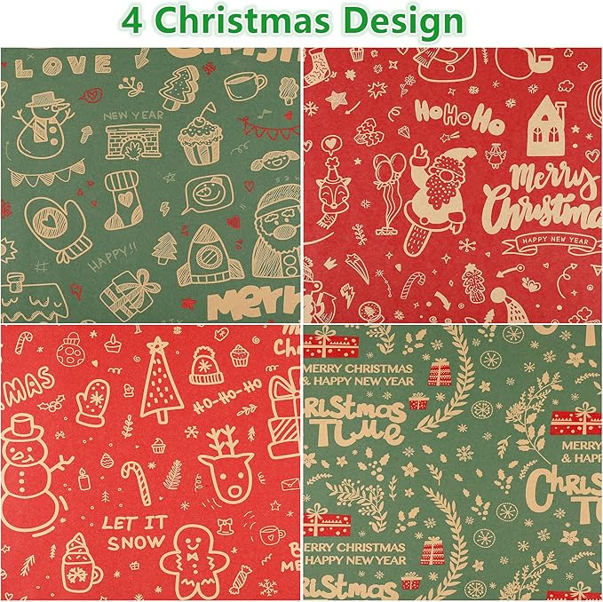 Anvure Christmas Wrapping Paper (4 Rolls: 147.24 sq. ft. ttl.) Kraft Set Featuring Santa Claus, Snowman & Xmas Presents, Red & Green Holiday Designs for Gift Wrap 29.92 Inch X 14.76 Feet Per Roll