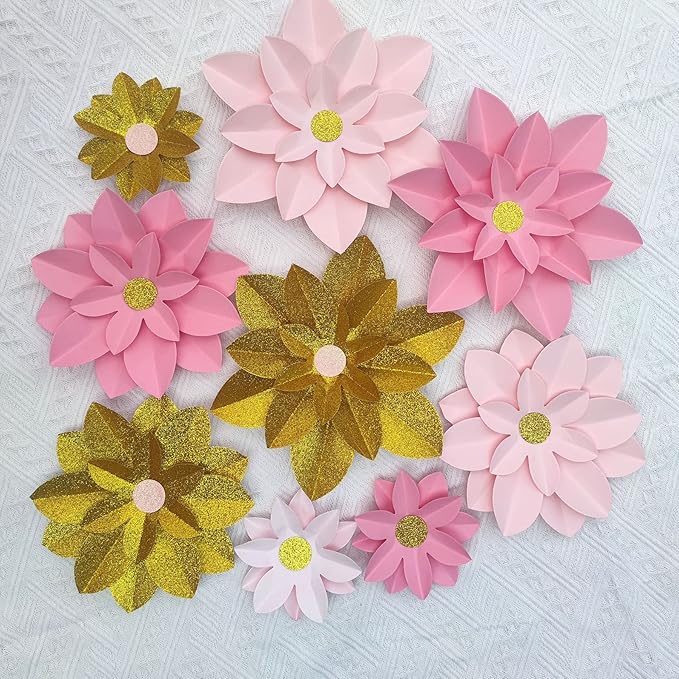 Mybbshower Pink Gold Glitter Paper Flower for Wall (10"-6") DIY Floral Backdrop Nursery Room Baby Shower Girls Birthday Party Photo Backdrop Pack of 9