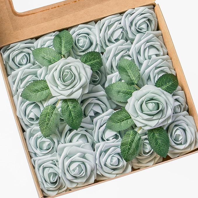 Artificial Flowers, 25pcs Light Blue Flowers Real Looking Artificial Rose for DIY Wedding Bouquets Centerpieces Arrangements, Blue Foam Flowers with Stem for Bridal Shower Party Home Decor