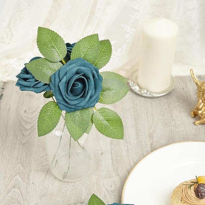 Artificial Flowers, 100pcs Artificial Rose for DIY Wedding Bouquets Centerpieces Arrangements, Dark Teal Fake Rose with Stems for Birthday Bridal Shower Graduation Events Decoration