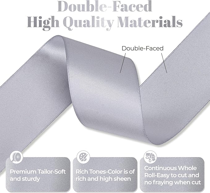 Gray Satin Ribbon, Double Faced 2 Inch X 50 Yards Gray Ribbon, Premium Satin Ribbon for Gift Wrapping, Crafts, Hair Bow Making, Sewing, Flower Bouquet, Wedding Party Decor