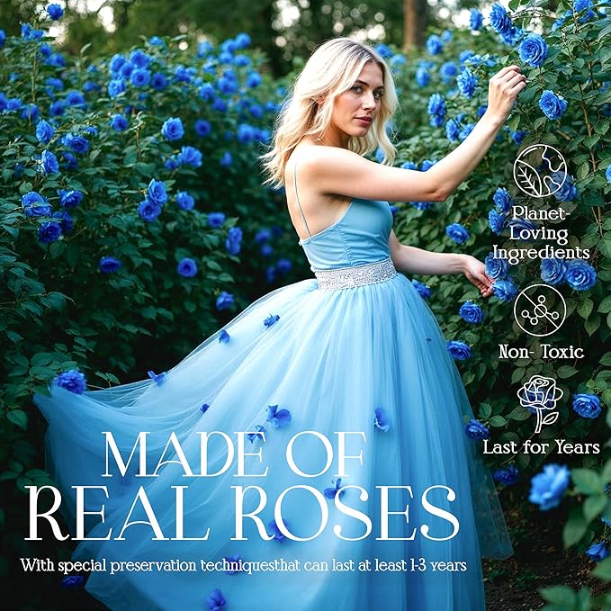 GLAMOUR BOUTIQUE Preserved Roses in a Box - Gifts for Her, Wife & Mom, Rose Flowers Forever Decor for Birthday Gift, Get Well Flower Bouquet Cased in White Box with Cover - Blue - 27-Piece