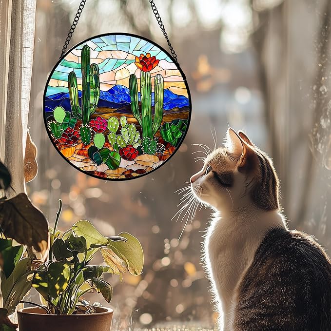 Stained Glass Window Hanging, Green Cactus Suncatcher for Doors Window Home Plant Landscape Sun Catchers Decoration Mother's Day Birthday Gifts for Women, Men, and Mom 9.8 in
