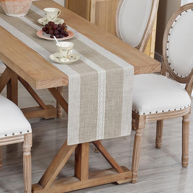 Farmhouse Braided Striped Table Runner Rustic Embroidery Coffee Table Runners for Decorations Weddings Holiday Brown13x60inch
