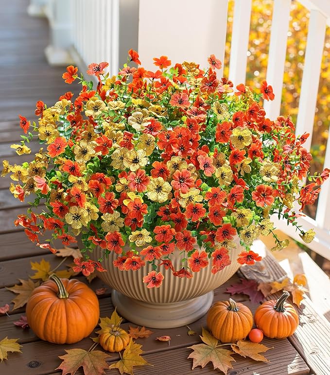HyeFlora Artificial Fall Flowers Faux Mums for Outdoor Indoor Garden Home Decoration, Faux Flower Daisy with Eucalyptus Leaves Fake Mums Plants Greenery Boxwood Porch Patio, 12 Bundles (OrangeYellow)