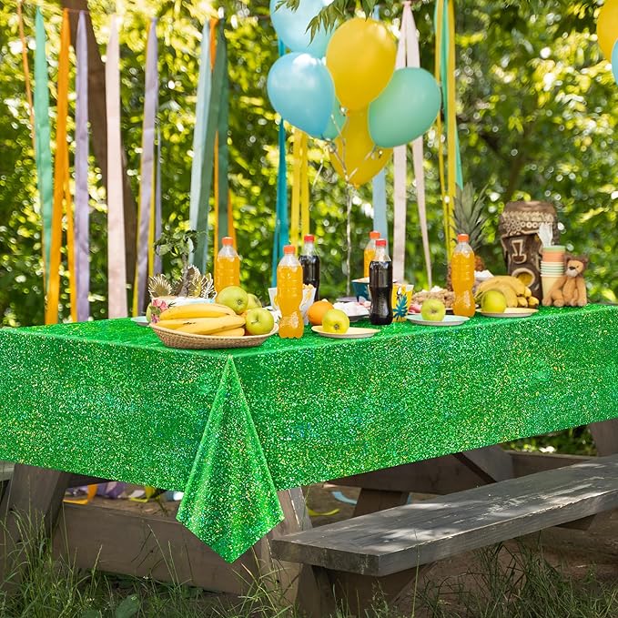 4 pcs Green Holographic Laser Tablecloth 40" x 108" Christmas Table Cloth Shimmer Shining Plastic Metallic Table Cover for Jungle Safari Wild One Baby Shower Birthday Party Decoration Supplies