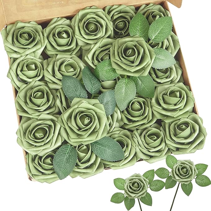 Artificial Flowers, 100pcs Artificial Rose for DIY Wedding Bouquets Centerpieces Flowers Arrangements, Elf Green Fake Flowers with Stems for Bridal Shower Graduation Events Decoration