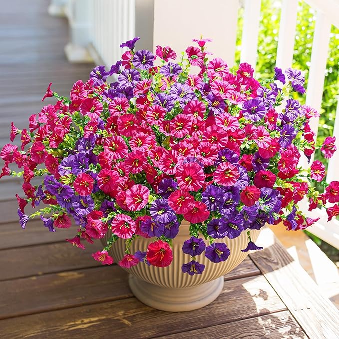 HyeFlora Artificial Flowers for Outdoors Fake Plants Outside Decoration, 12 Bundles Silk Colorful Morning Glory with Eucalyptus UV Resistant Realistic Faux Flowers for Planter Porch Patio Yard Garden