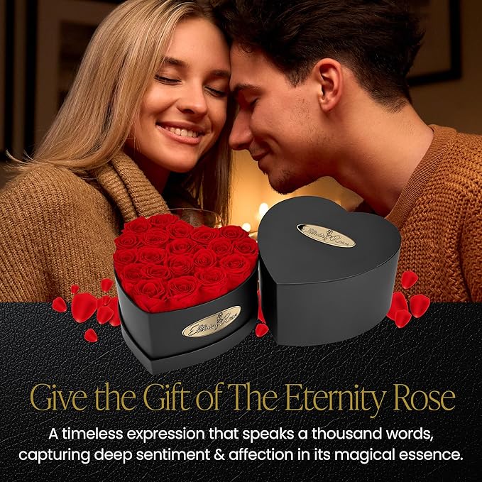 The Eternity Rose 20-Piece Preserved Roses in a Luxury Gift Box – Real Roses in Black Heart Box – A Valentine’s Gift as Everlasting as Your Love