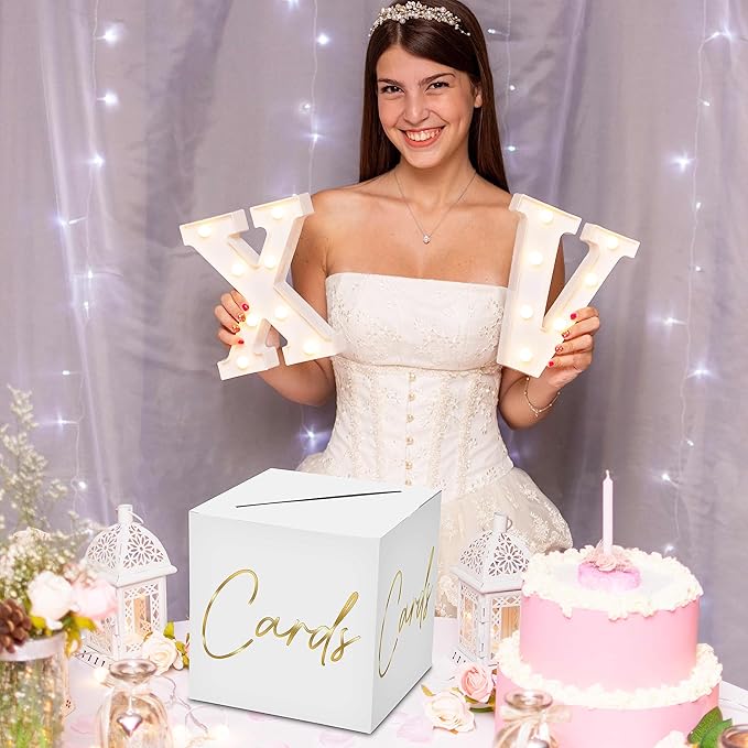 AWSICE Classic Elegant Card Box – 1 Set Hot Stamping Card Receiving Box for Gift Envelope Money – Wedding Bridal Baby Shower Birthday Graduation Party Supplies Decorations (8"*8"*8", Gold)-A02