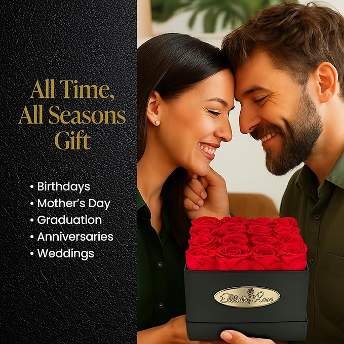 The Eternity Rose 16-Piece Preserved Roses in a Luxury Gift Box – Real Roses in Square Black Box – A Valentine’s Gift as Everlasting as Your Love