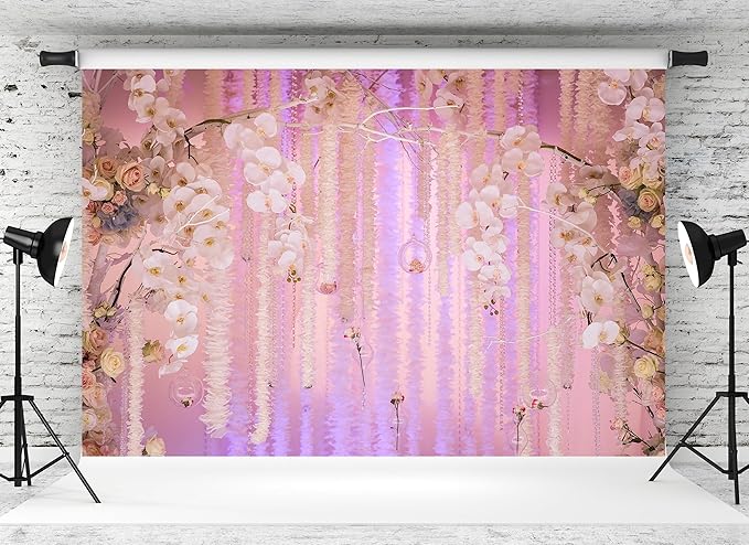 12x8ft Pink Floral Orchid Rose Backdrop Wedding Party Decoration Romantic Flower Wall Hanging Drapes Photo Booth Background for Birthday Baby Shower Engagement Anniversary Bridal Shower