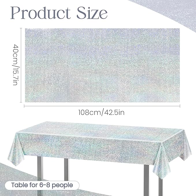 8 pcs Silver Holographic Tablecloths Shiny Disco Laser Table Cloths 40" x 108" Iridescence Plastic White Table Cover for Birthday Party Decoration Wedding Christmas Winter Grad Party Supplies