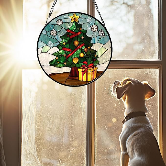 Stained Glass Window Hanging Green Christmas Tree Snowflake Large 11.8" - Suncatcher Door Garden Sun Catcher Xmas Holiday Decor Birthday for Mom Men Woman Friend Nana