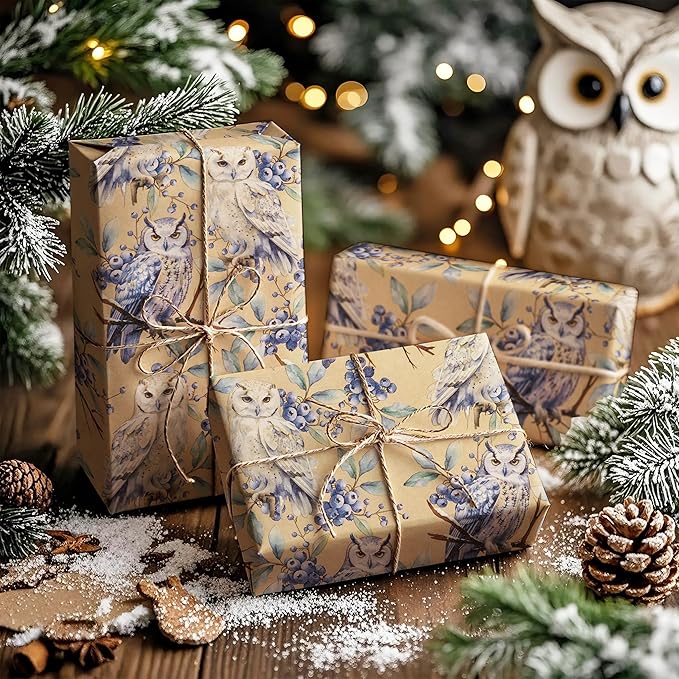 WRAPAHOLIC 30 Inch Kraft Christmas Wrapping Paper - 30 Inch x 33 Feet - Owl Wrapping Paper Wild Animal Winterfall Watercolor Design for Christmas, Holiday, Party Celebration
