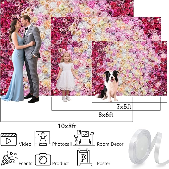 Rose Flower Wall Backdrop 7x5 ft Large Floral Photography Background for Indoor Outdoor Wedding Party Bridal Shower Baby Shower Engagement Shoot Photo Booth Decoration