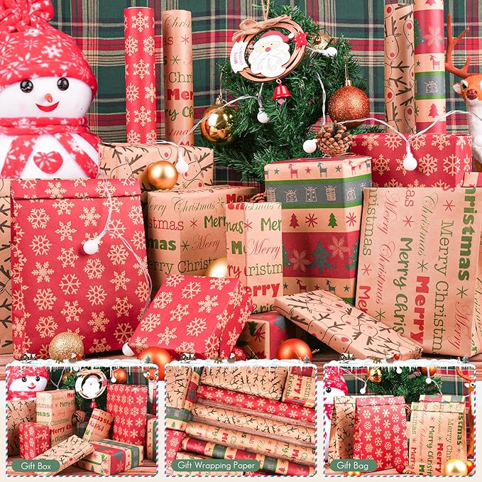 Happypapa Christmas Wrapping Paper, Kraft Xmas Wrapping Paper Rolls - Snowflakes, Reindeer, Gift and Merry Christmas Pattern - 4 Rolls - 17 Inch × 120 Inch Per Roll