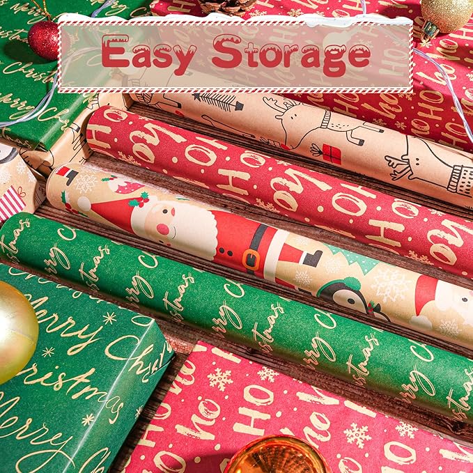 Happypapa Christmas Wrapping Paper, Kraft Xmas Wrapping Paper Rolls - Santa Claus, Gift, Reindeer and Merry Christmas Pattern - 4 Rolls - 17 Inch × 120 Inch Per Roll
