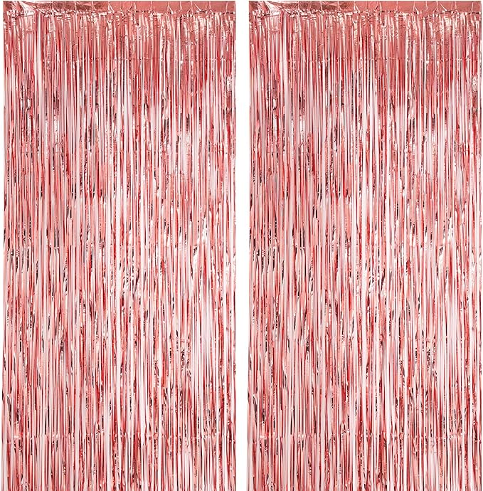 2 Pack Rose Gold Foil Fringe Backdrop Curtains, Tinsel Streamers Birthday Party Decorations, Fringe Backdrop for Graduation, Baby Shower, Gender Reveal, Disco Party