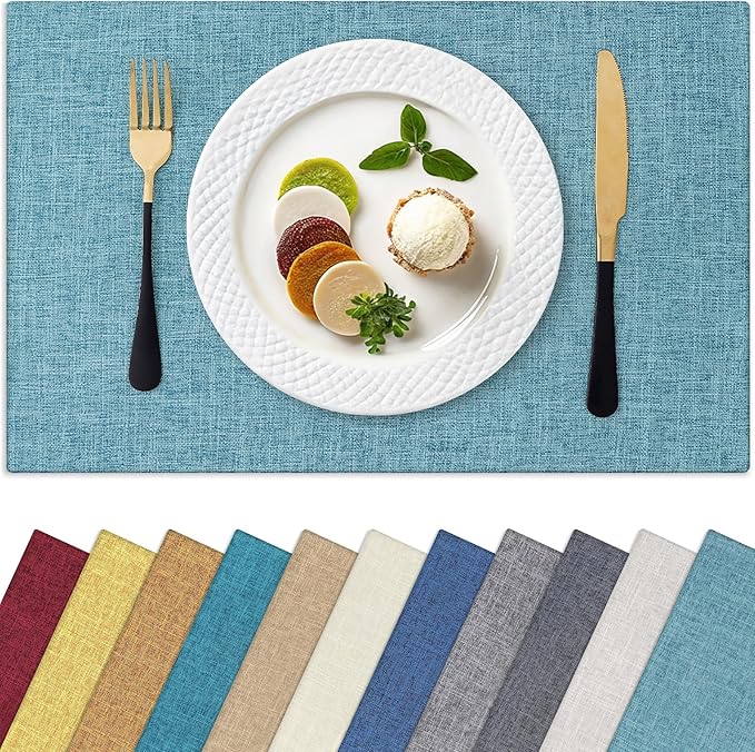 Homaxy Cloths Placemats for Dining Table Set of 6, Heat Resistant Washable Cotton Linen Blend Table Mats, Easy to Clean Place Mats for Indoor Outdoor Party Kitchen Decoration, 13" x 19", Aqua