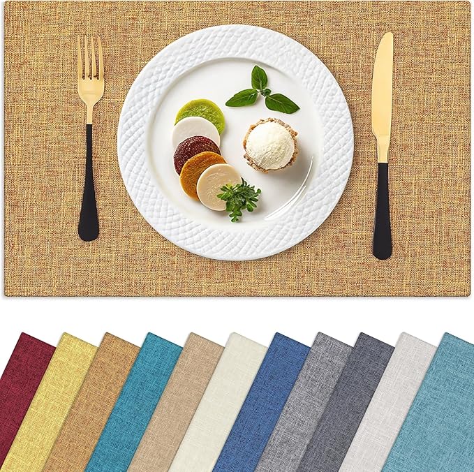 Homaxy Cloths Placemats for Dining Table Set of 4, Heat Resistant Washable Cotton Linen Blend Table Mats, Ideal for Kitchen Party Dining Decoration, 13" x 19", Amber